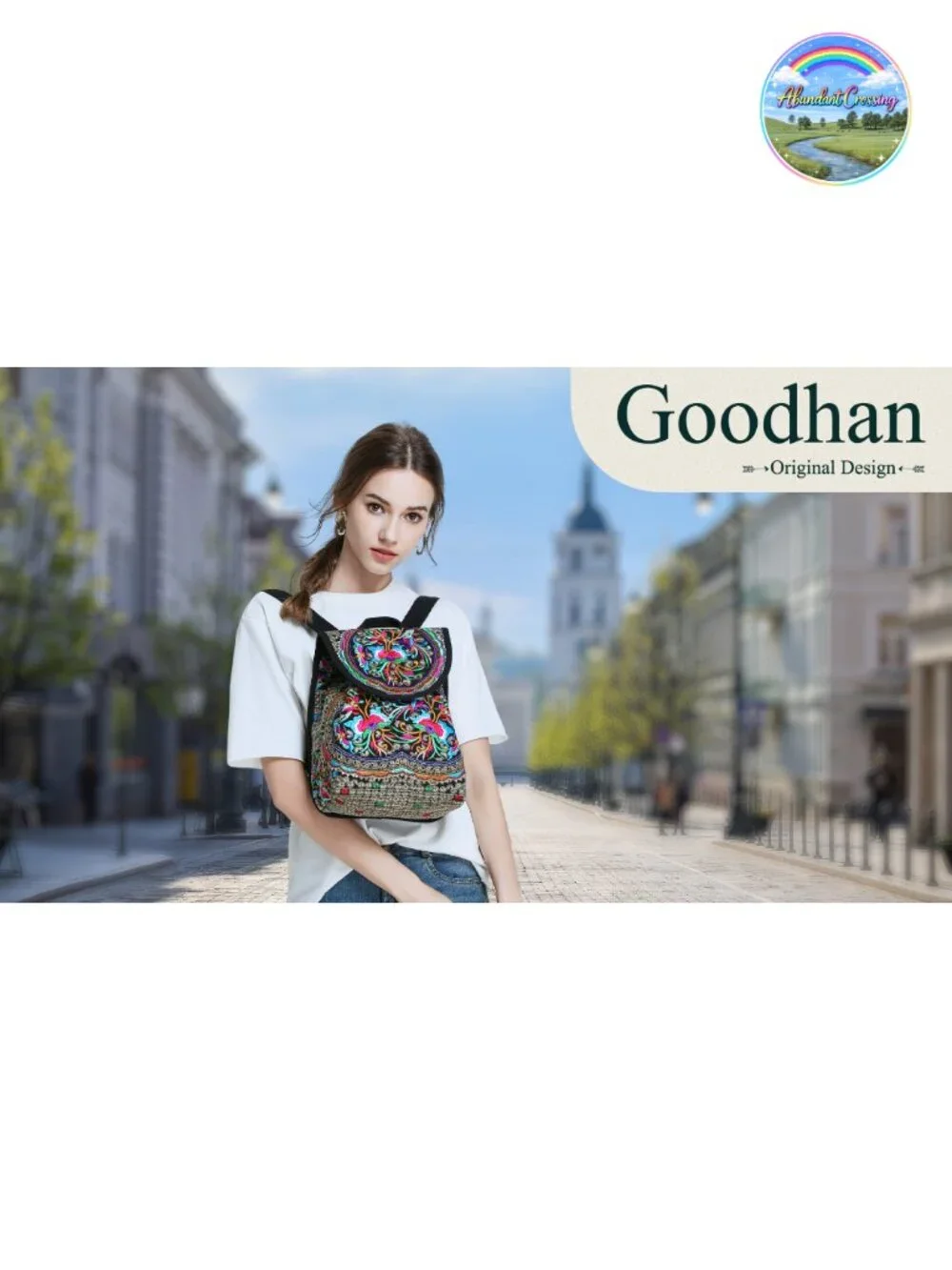 Embroidered Boho Mini Backpack Purse Water-Resistant Canvas Travel Daypack